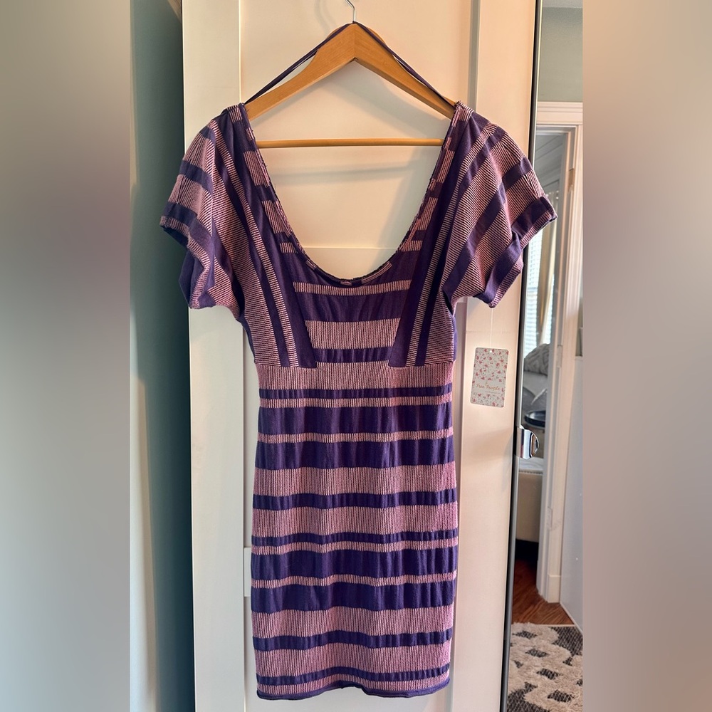Free People Size XSmall NWT Purple Striped Short Sleeve Tee